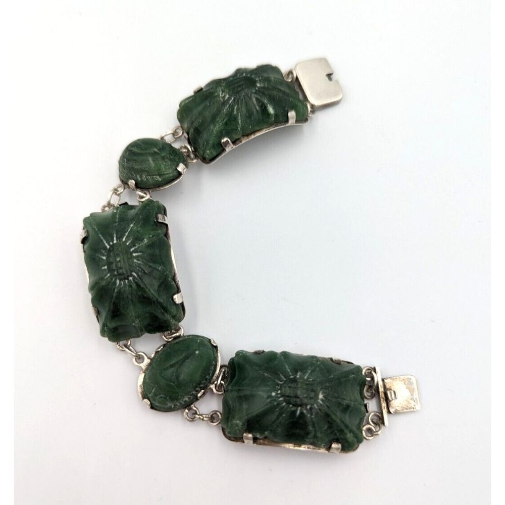 Vintage 900 Silver Green Jade Nephrite Egyptian Revival Statement Bracelet